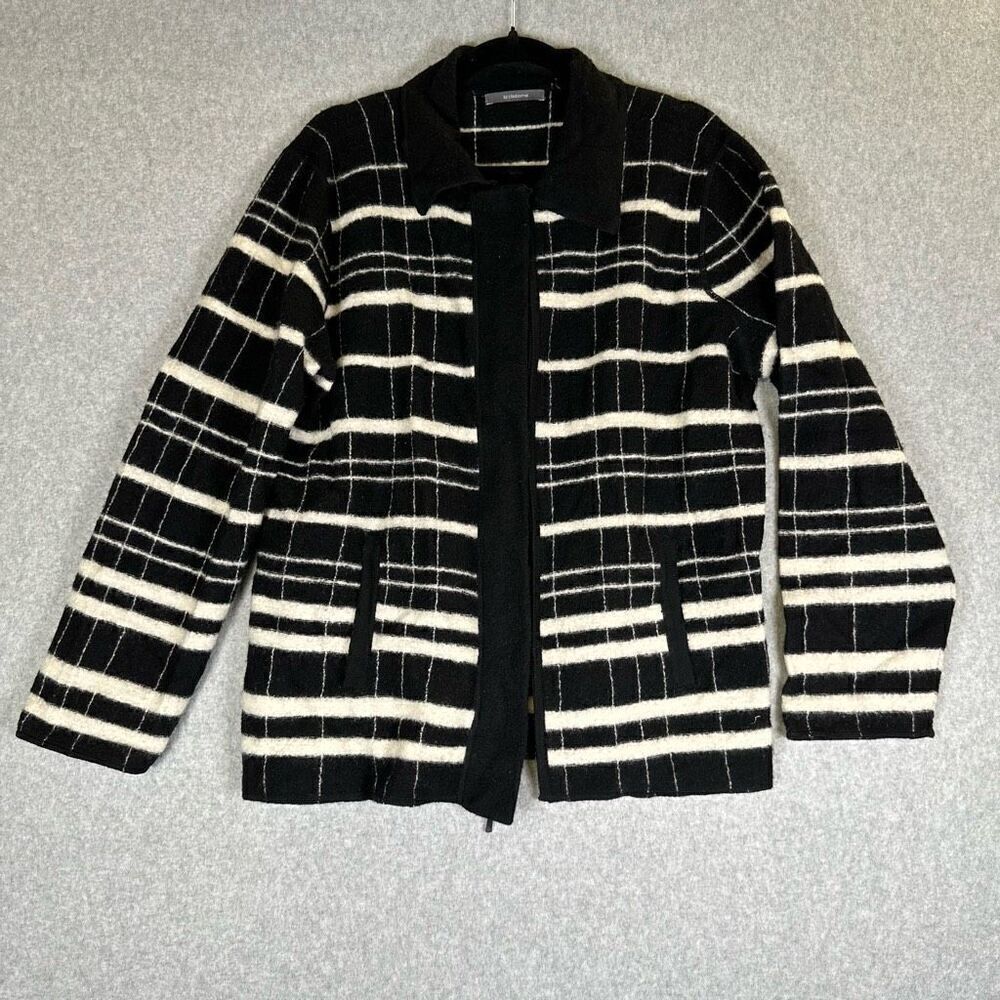 Liz Claiborne Womens Size Large 100% Wool Zip Front Cardigan Black White Stripe